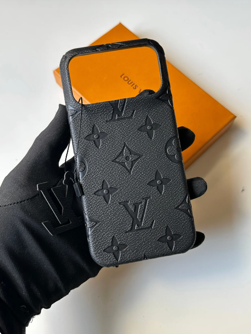 LV Monogram Leather Style iPhone Case – Black Luxury Protective Cover