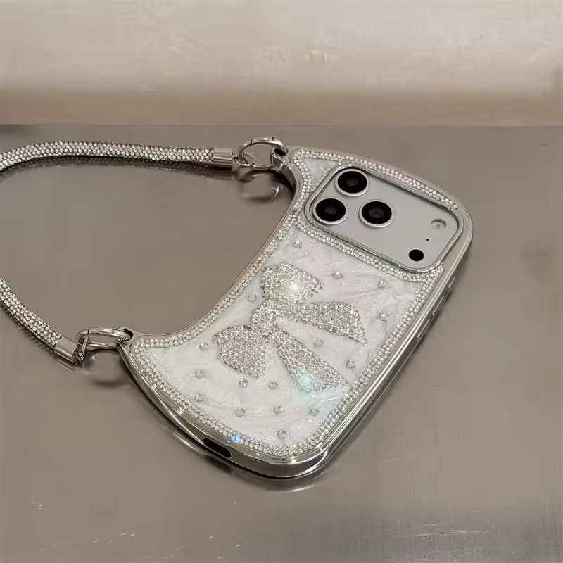Silver Rhinestone Bow Butterfly Mini Handbag Case for iPhone 17 Pro Max — photo 5